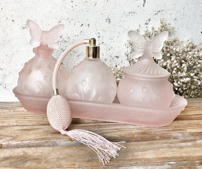 Vintage Frosted Pink Glass Vanity Set 4pc