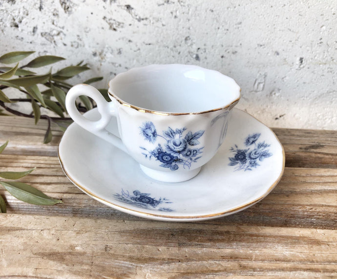 Small Vintage Blue & White Teacup Candle Holder