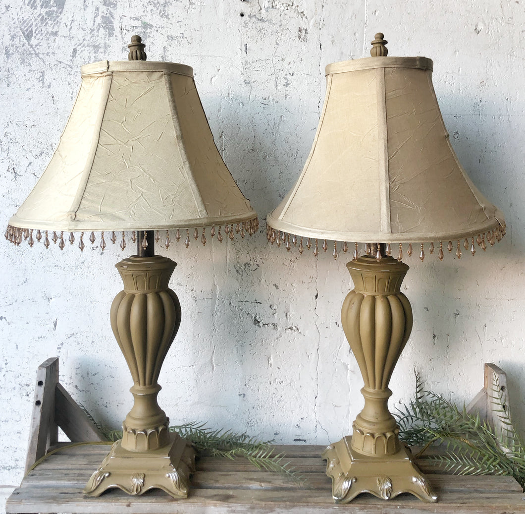 Painted Mustard Lamps & Beaded Shades (2pc)