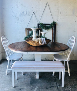 Charming Farmhouse Round or Oval Table, Two Chairs, & Bench