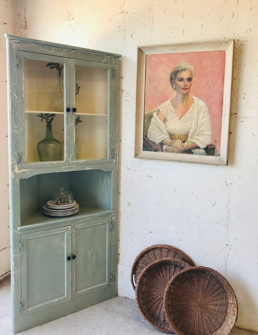 Beautiful Vintage Chippy & Distressed Blue Corner Mounting Cabinet