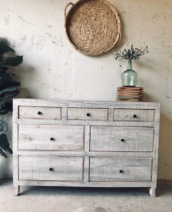 Pretty Whitewashed Solid Wood Dresser, Buffet, or TV Stand