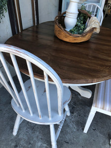 Charming Farmhouse Round or Oval Table, Two Chairs, & Bench