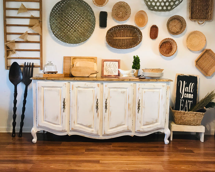 Neutral Vintage Buffet Table with Storage Shelves