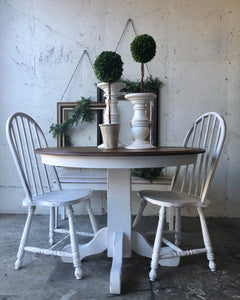 Charming Farmhouse Round or Oval Table, Two Chairs, & Bench