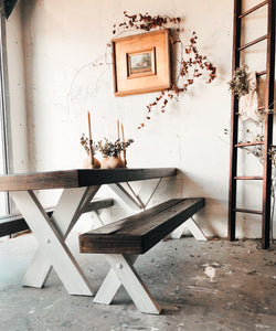 AVAILABLE @Twin Rivers Local Vintage Solid Wood Farmhouse Table & Two Benches