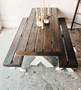 AVAILABLE @Twin Rivers Local Vintage Solid Wood Farmhouse Table & Two Benches