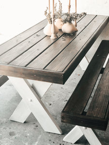 AVAILABLE @Twin Rivers Local Vintage Solid Wood Farmhouse Table & Two Benches