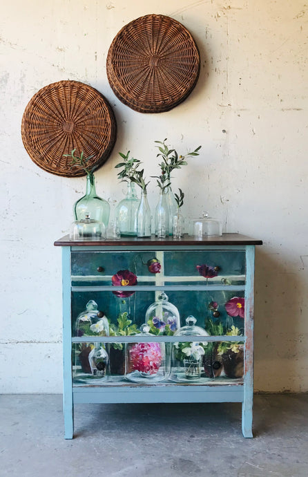 Pretty Floral Blue Chest of Drawers