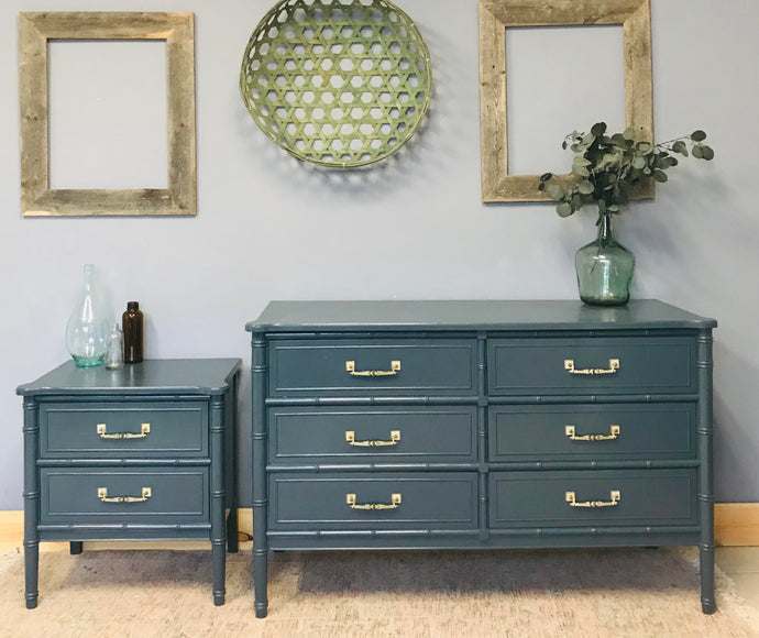 Glam Vintage Bamboo Style Dresser & Single Nightstand