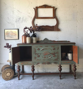 Stunning Distressed Vintage Jacobean Buffet Cabinet