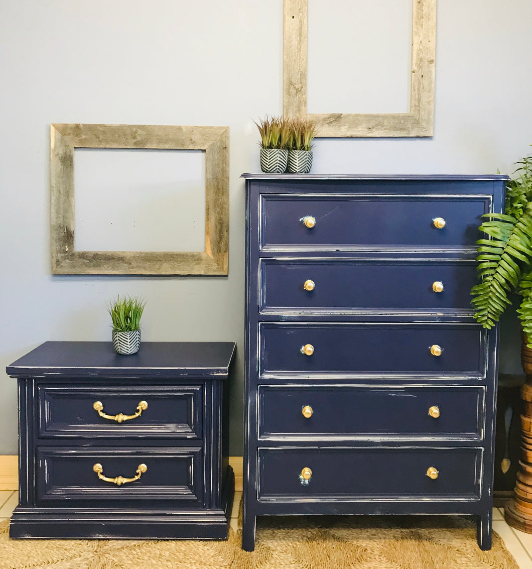 Coastal Navy Chest of Drawers & Nightstand Set