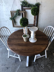 Charming Farmhouse Round or Oval Table, Two Chairs, & Bench