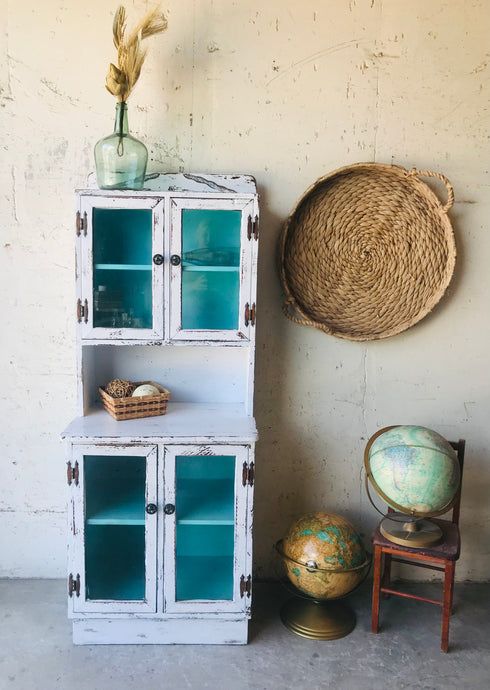 Adorable Distressed Vintage Mini Hutch Cabinet