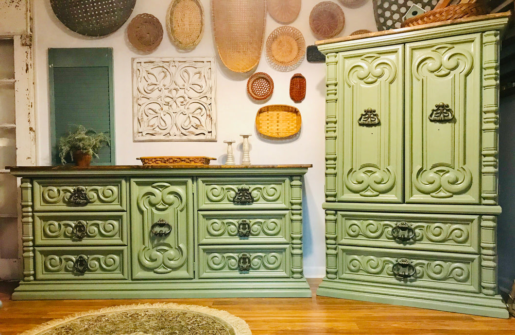 Amazing Sage Green Armoire and Long Dresser Set