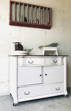 Load image into Gallery viewer, Pretty Antique Farmhouse Rolling Storage Buffet, Island, or Coffee Bar