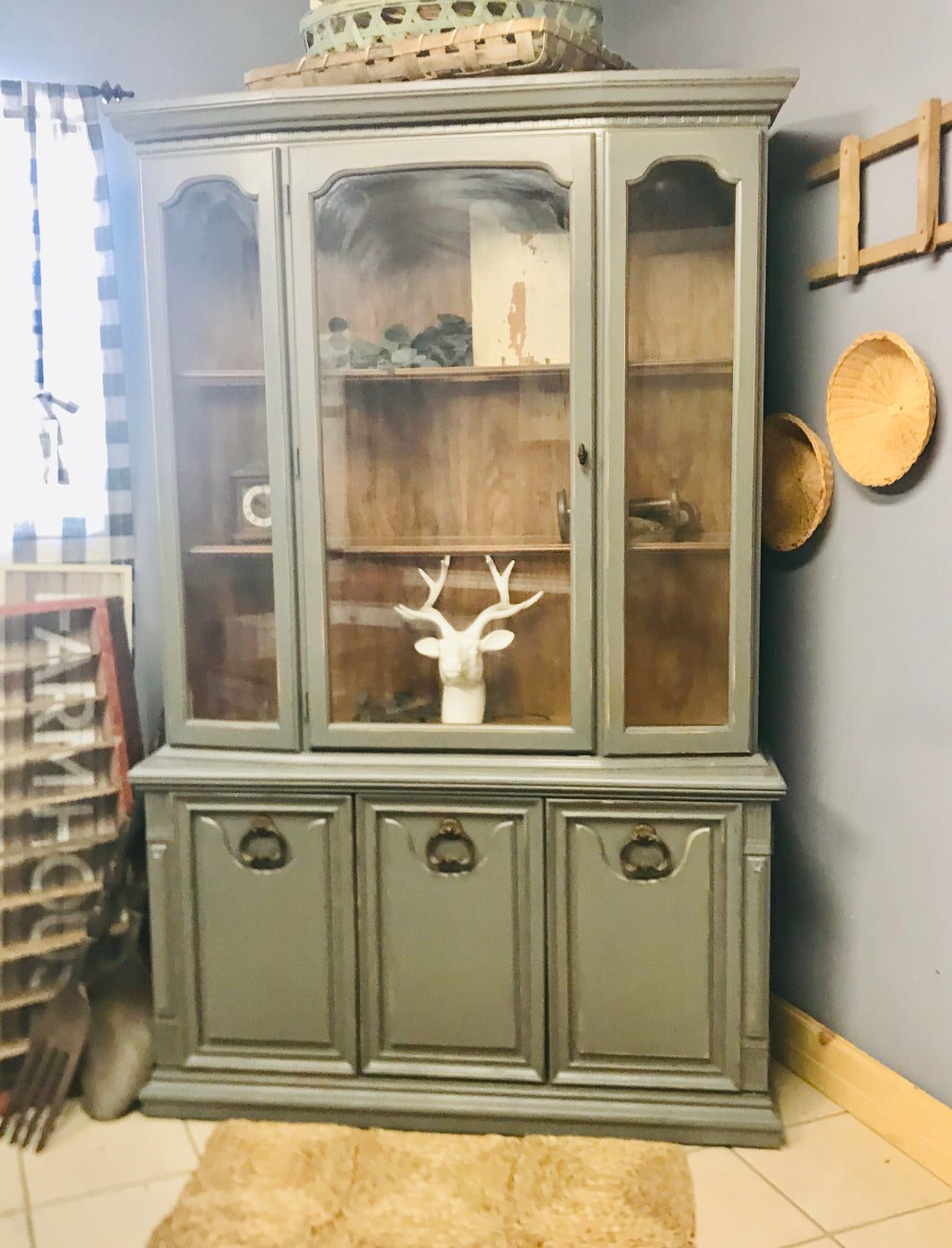 Classy Gray Vintage Two-piece China Cabinet