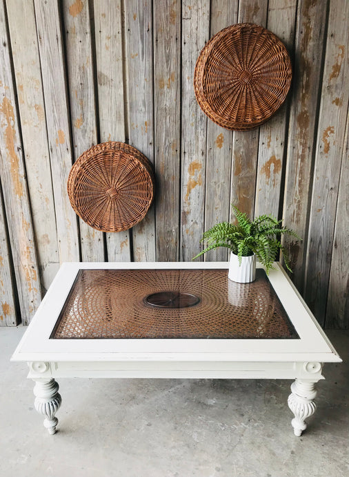 Pretty Wood & Cane Glass Top Coffee Table