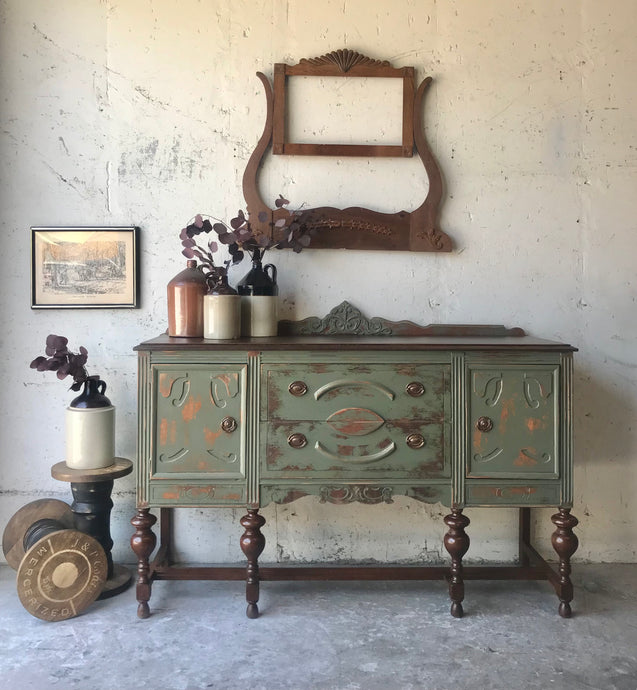 Stunning Distressed Vintage Jacobean Buffet Cabinet