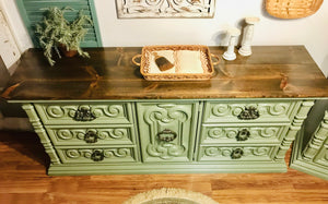 Amazing Sage Green Armoire and Long Dresser Set