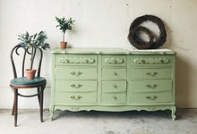 Load image into Gallery viewer, Pretty Vintage Sage French Provincial Long Dresser