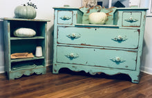 Load image into Gallery viewer, Chippy Mint Washstand Dresser &amp; Shelf Set