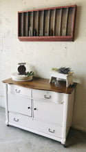 Load image into Gallery viewer, Pretty Antique Farmhouse Rolling Storage Buffet, Island, or Coffee Bar