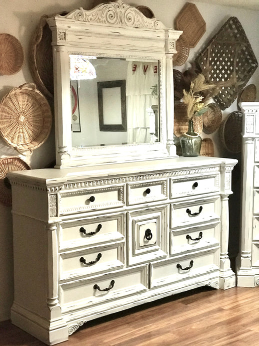 Long Shabby Chic Dresser & Mirror $75.09 deposit