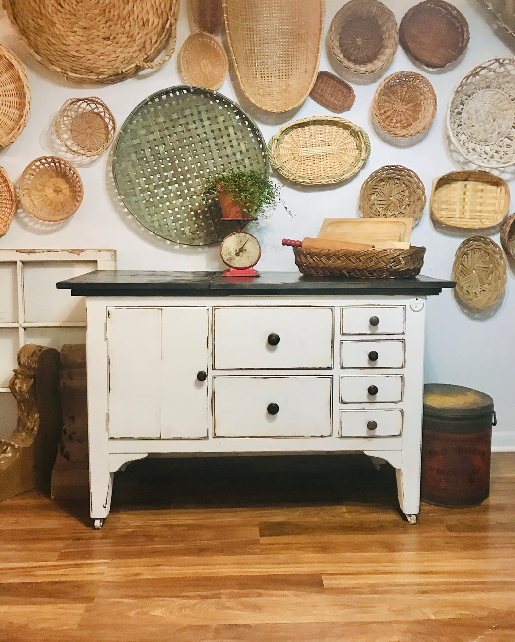 Amazing Antique Rolling Kitchen Island or Buffet Table