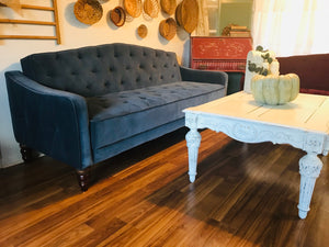 Blue velvet tufted convertible sofa