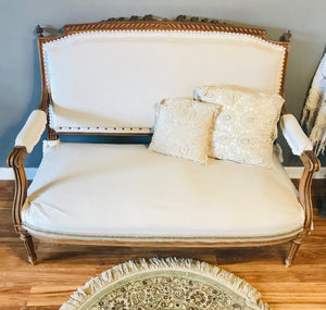 Gorgeous Antique Neutral Linen Settee