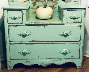 Chippy Mint Washstand Dresser & Shelf Set