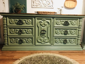 Amazing Sage Green Armoire and Long Dresser Set