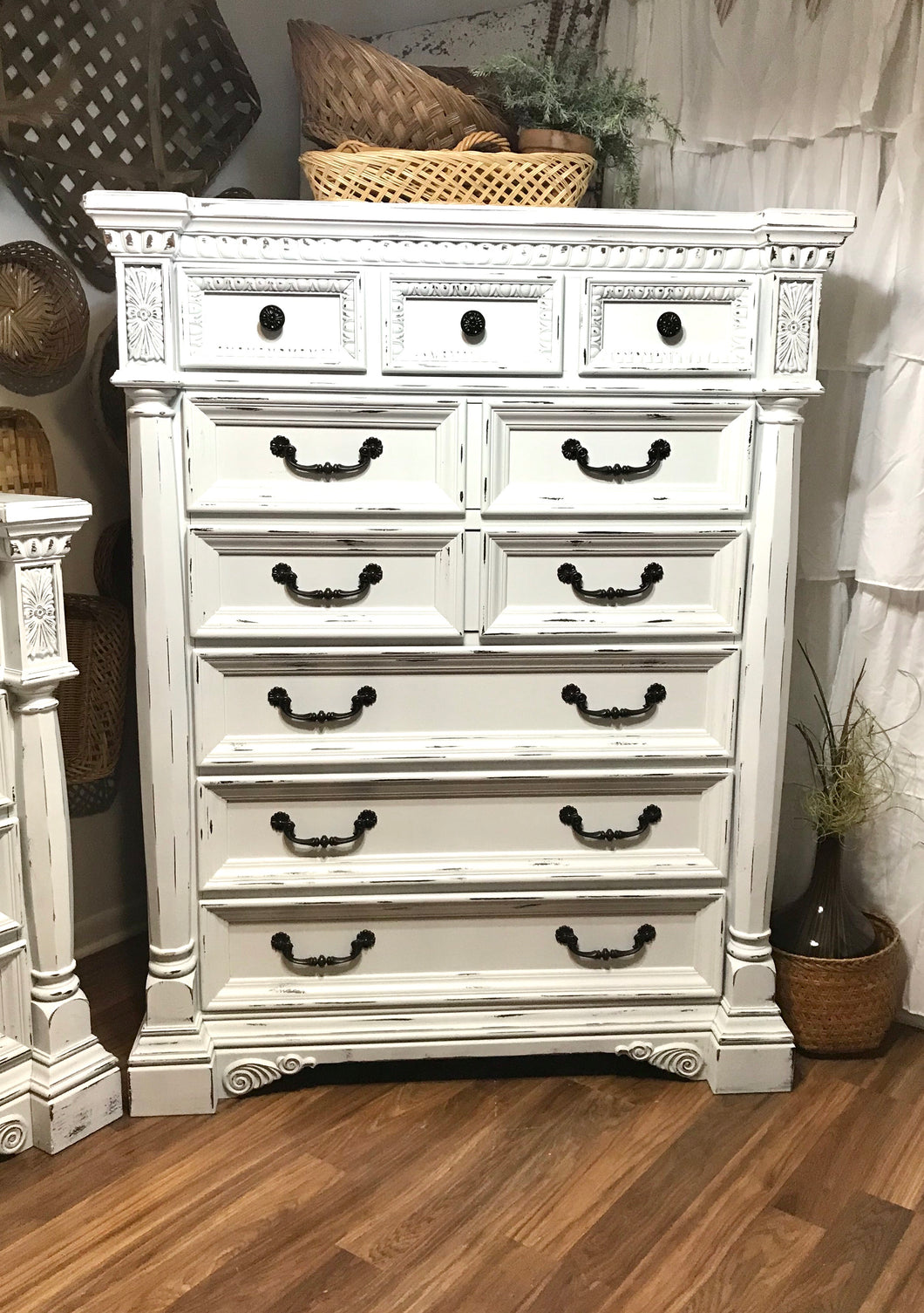 Large shabby chic tall boy dresser