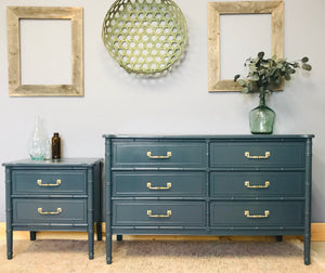 Glam Vintage Bamboo Style Dresser & Single Nightstand