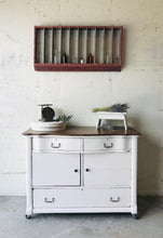 Load image into Gallery viewer, Pretty Antique Farmhouse Rolling Storage Buffet, Island, or Coffee Bar