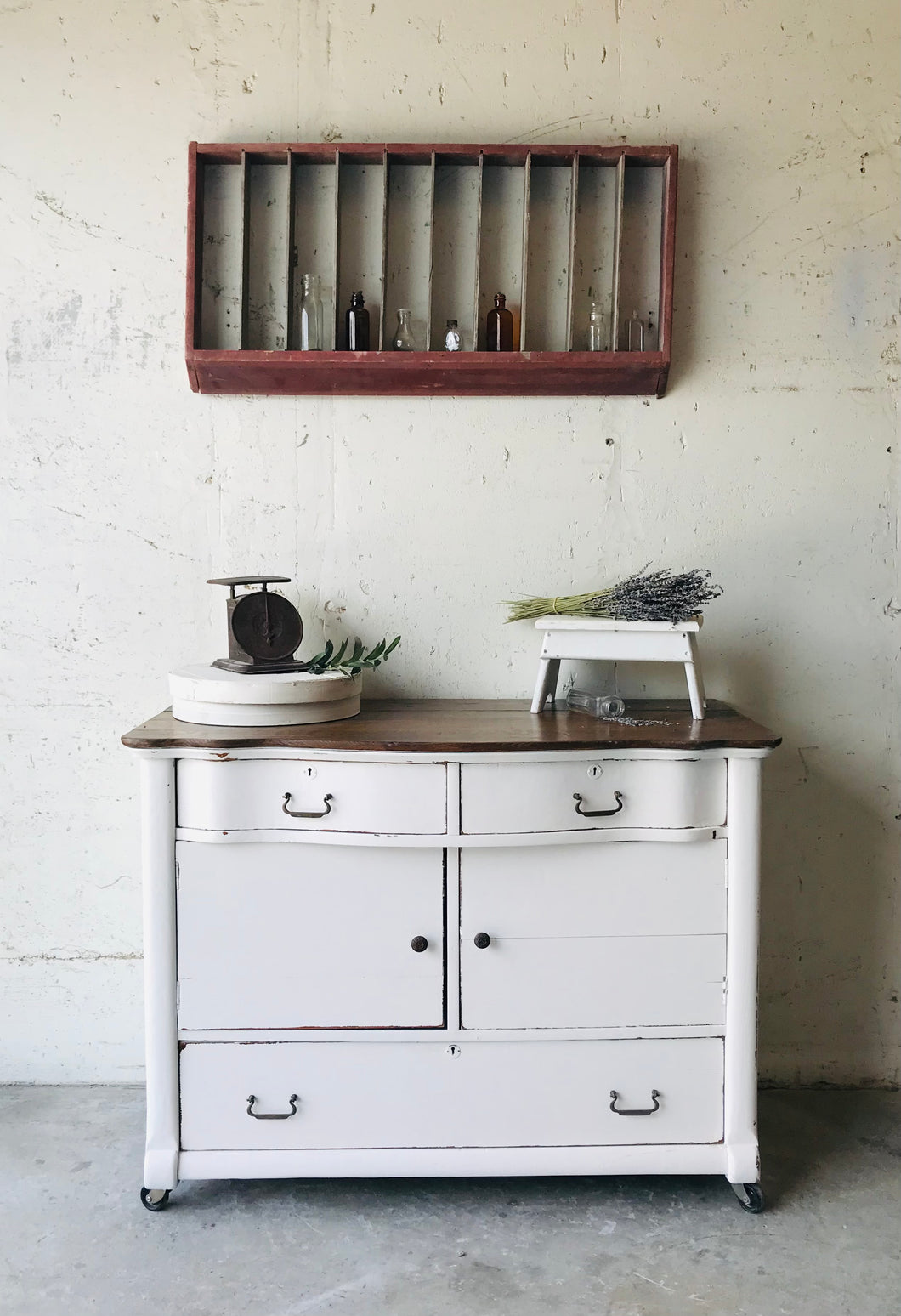 Pretty Antique Farmhouse Rolling Storage Buffet, Island, or Coffee Bar