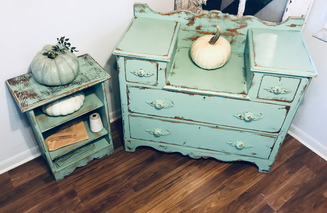 Chippy Mint Washstand Dresser & Shelf Set