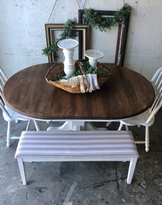 Charming Farmhouse Round or Oval Table, Two Chairs, & Bench