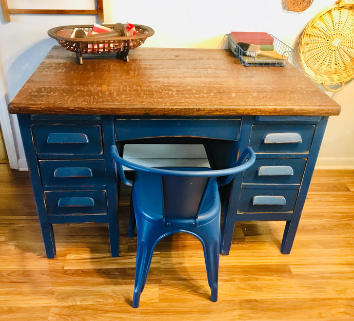 Large Solid Wood Industrial Vintage Desk & Chair