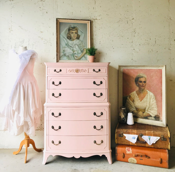 Stunning Vintage Pink Tall Chest of Drawers