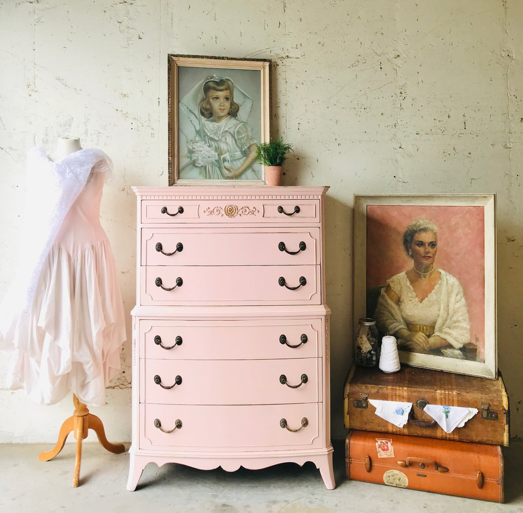 Stunning Vintage Pink Tall Chest of Drawers
