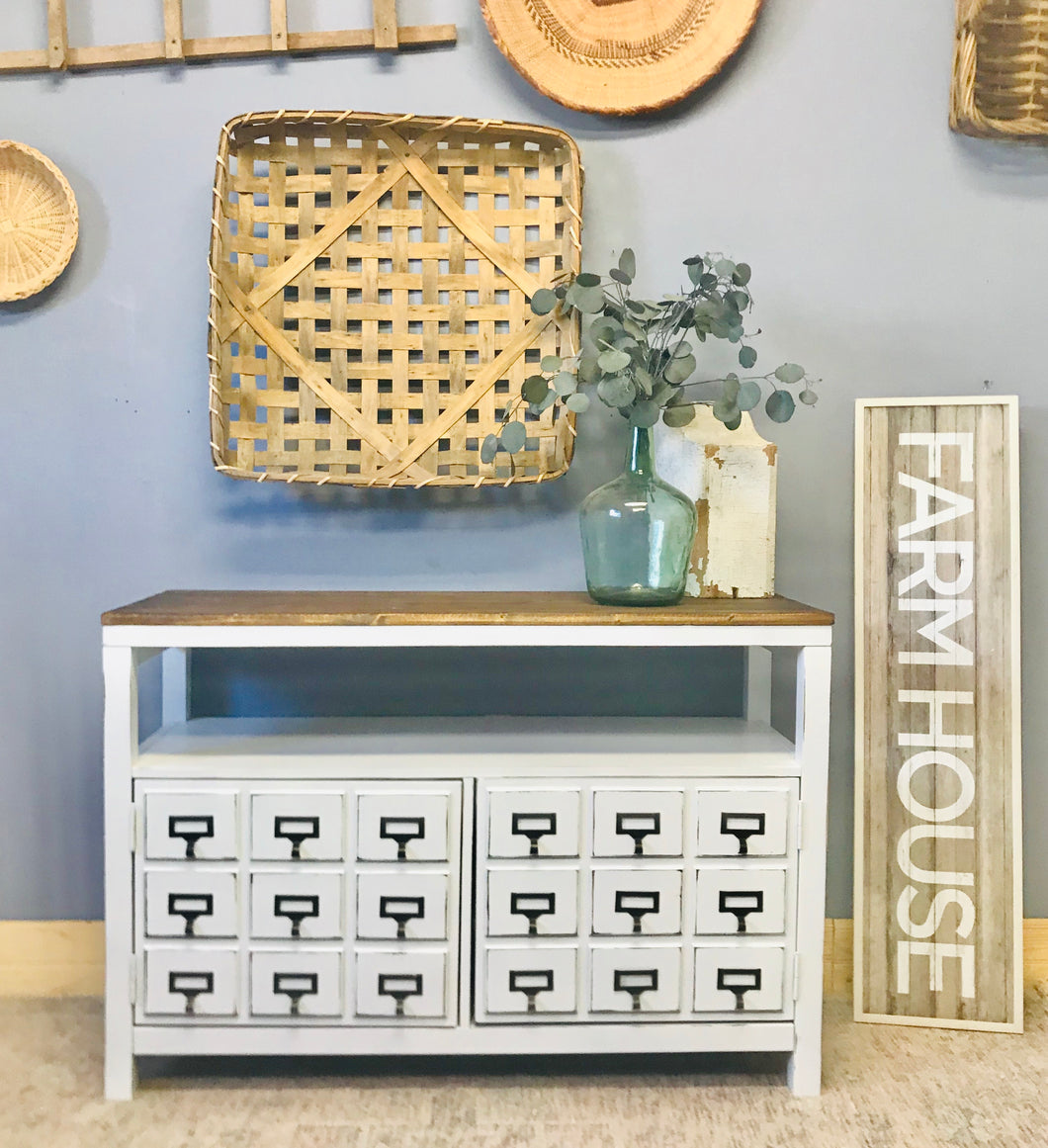 Perfect Farmhouse Faux Apothecary TV Stand