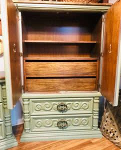 Amazing Sage Green Armoire and Long Dresser Set