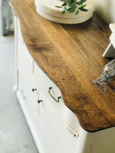 Load image into Gallery viewer, Pretty Antique Farmhouse Rolling Storage Buffet, Island, or Coffee Bar