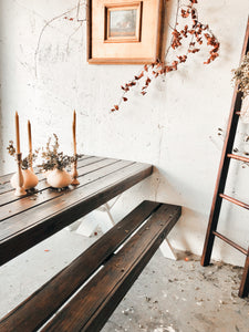 AVAILABLE @Twin Rivers Local Vintage Solid Wood Farmhouse Table & Two Benches