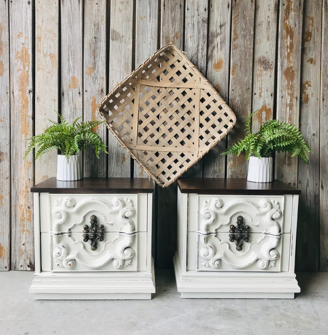 Ornate Vintage Farmhouse Nightstand or End Table Set