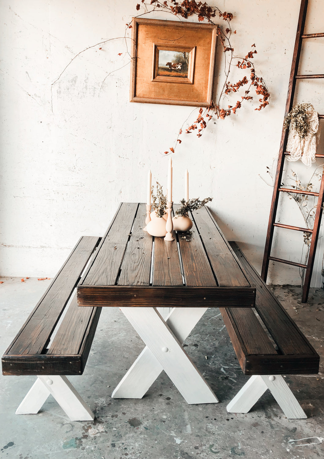 AVAILABLE @Twin Rivers Local Vintage Solid Wood Farmhouse Table & Two Benches